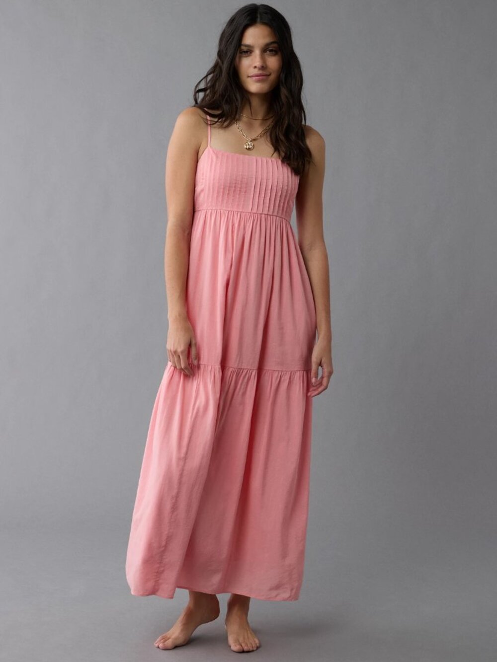 American Eagle AE Pink Pintuck Babydoll Maxi Dress Boho Flowy Smocked Back Small